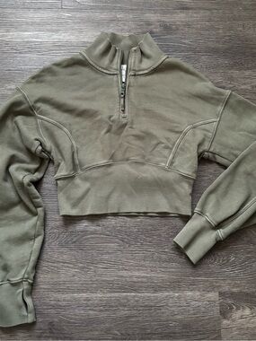 aerie Olive Green Cropped Half-Zip Mock Neck Sweatshirt